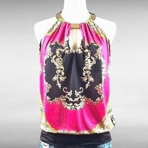 Vintage Y2K Cache Baroque Halter Top Scarf Print Gold Glam McBling Womens XS